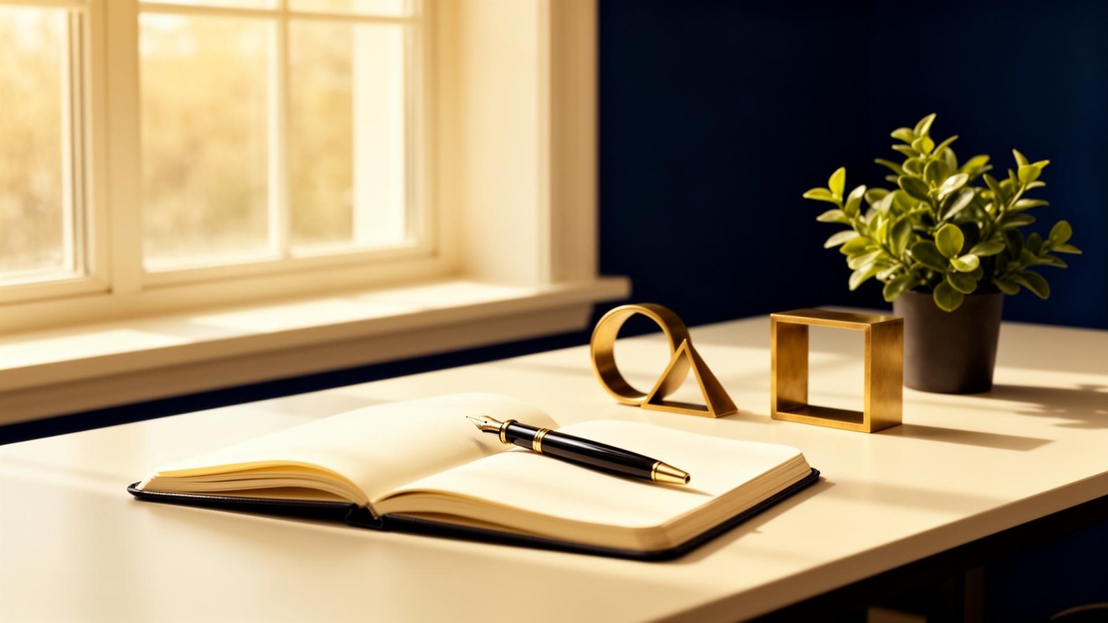 Open notebook with brass geometric shapes representing reasoning and self-discovery