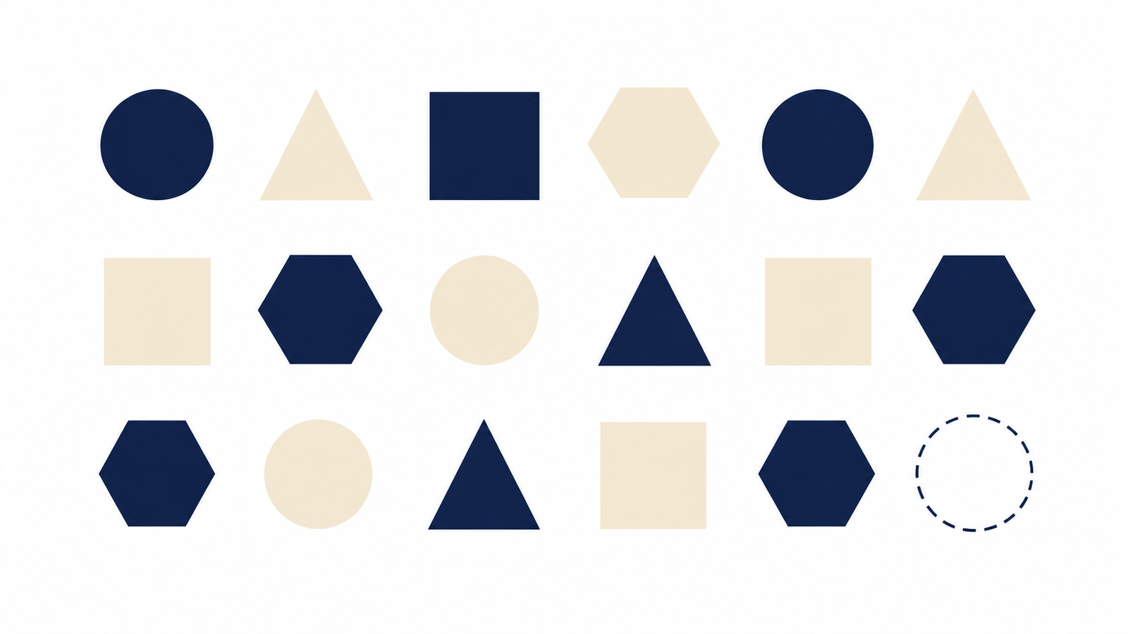 Abstract pattern grid of geometric shapes in navy and cream with one missing shape — representing abstract reasoning and pattern recognition